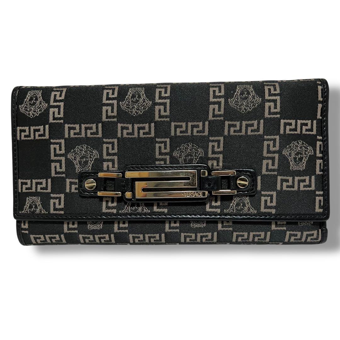 美品 VERSACE 長財布 キャンバス レザー ブラック グレカ メデューサ