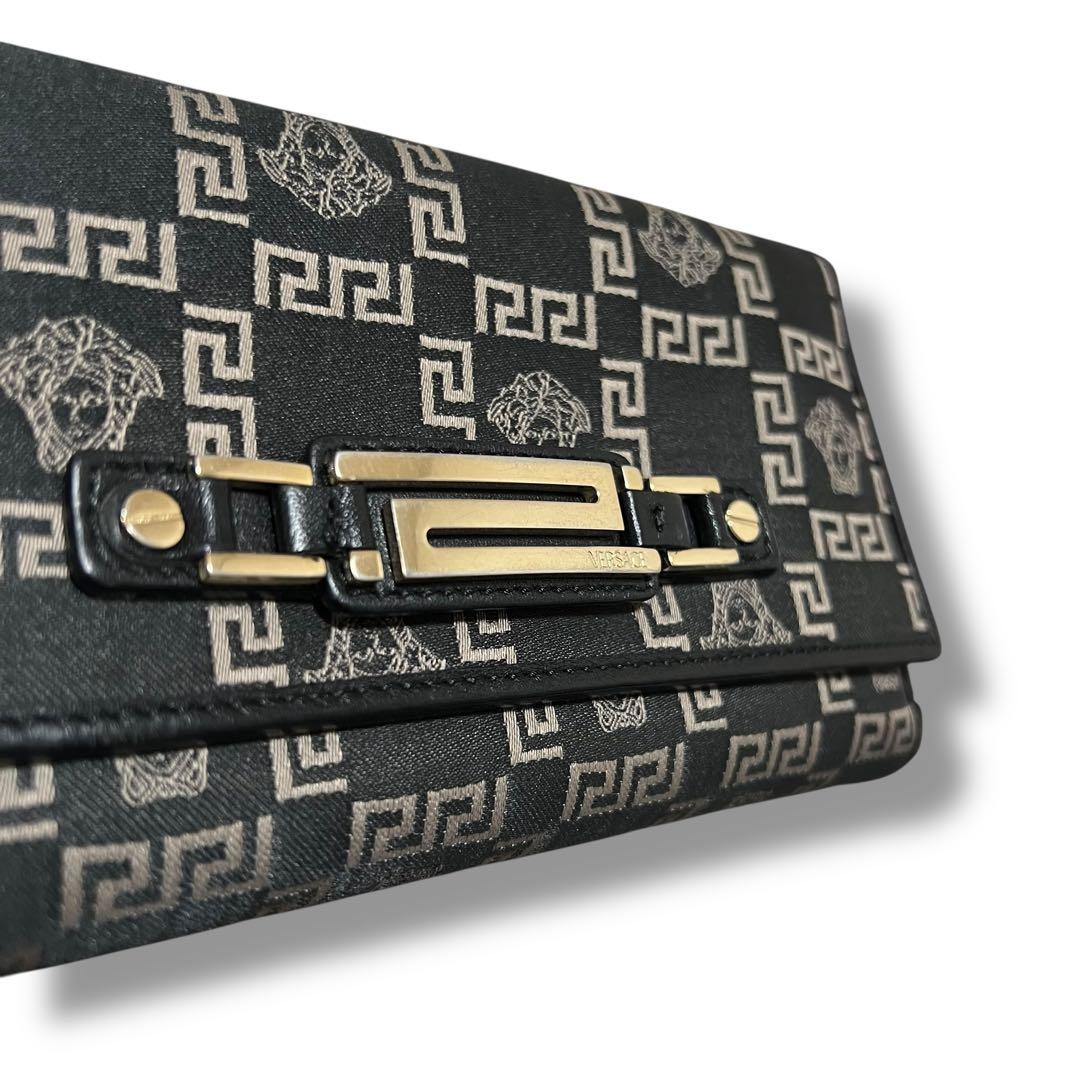 美品 VERSACE 長財布 キャンバス レザー ブラック グレカ メデューサ