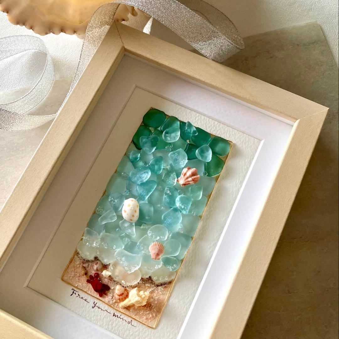 海の詩　シーグラス／天然石／フレームアート／夏／ブルー／貝殻