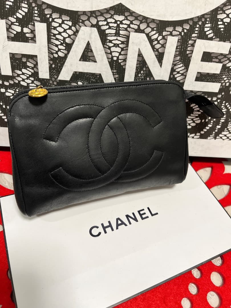 極上美品 シャネル CHANEL CC ポーチ ラムスキン ブラック 183