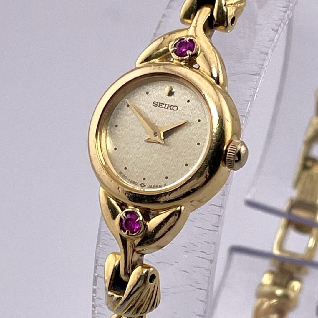 【新品電池◎/稼働】セイコー 2Pカラーストーン ルビー ゴールドウォッチ 時計