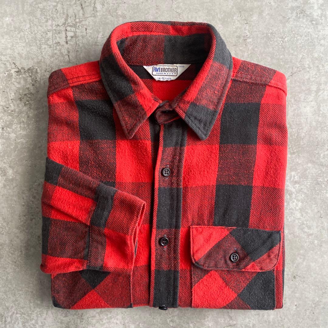 好配色70sファイブブラザーFIVE BROTHERネルシャツUSA製L赤×黒