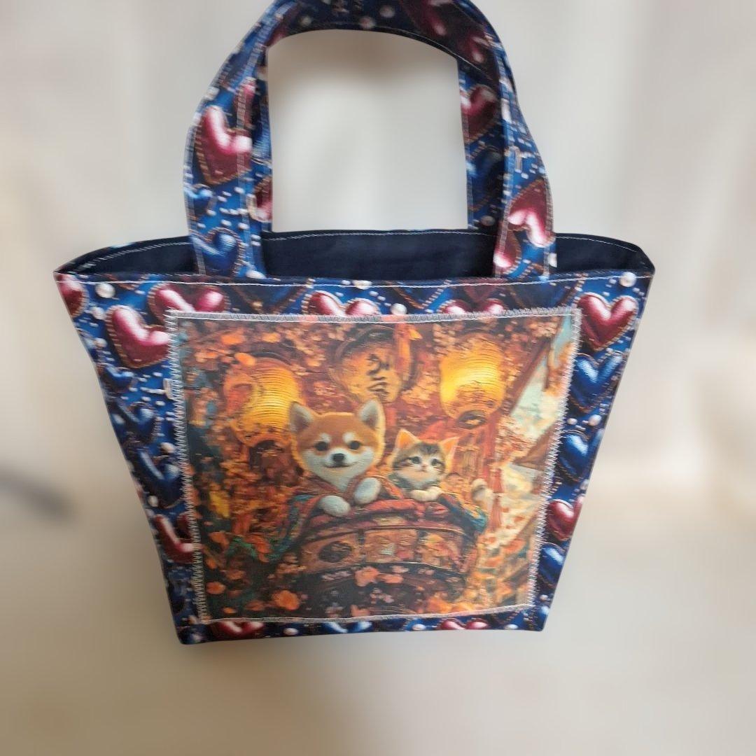 激レアねこパネル生地　ハンドメイド　ミニバック　まちなしバッグ　ポーチ