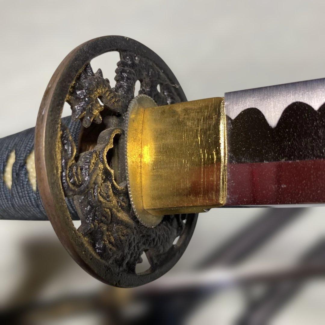 格安模造刀大小２本 濃緑柄 龍彫透し丸鍔 黒梨地鞘