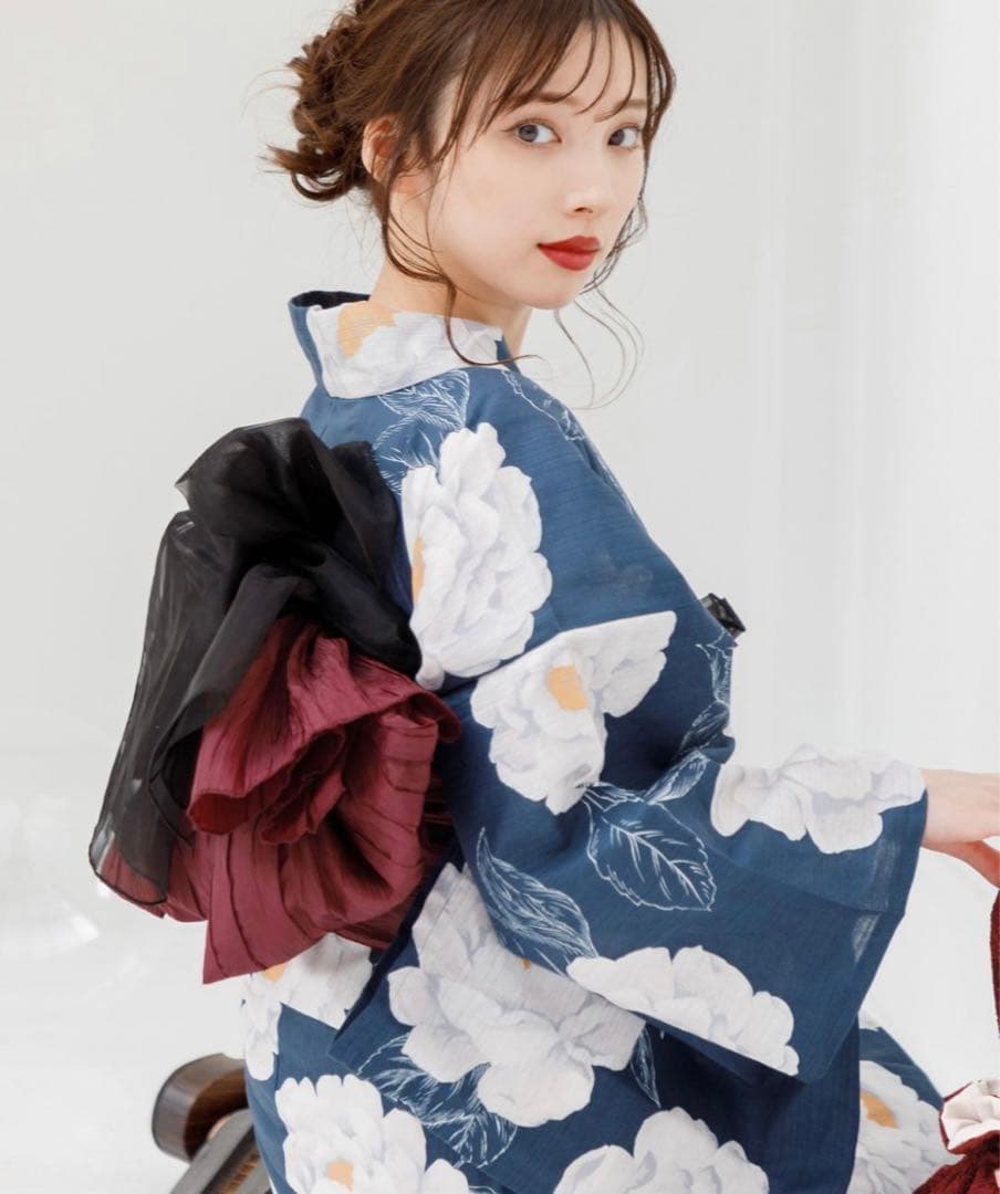 Dita 浴衣 涼風の藍紺牡丹 ふんわりオーガンジー兵児帯 クロ