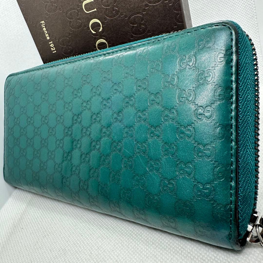 ✨希少 美品✨グッチ GG マイクロシマ レザー ラウンド ファスナー グリーン