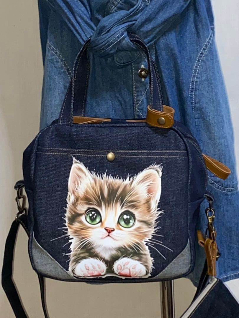 男女兼用☆岡山デニム♪ステンシル☆トラネコ☆Sサイズ☆3wayボストンバッグ