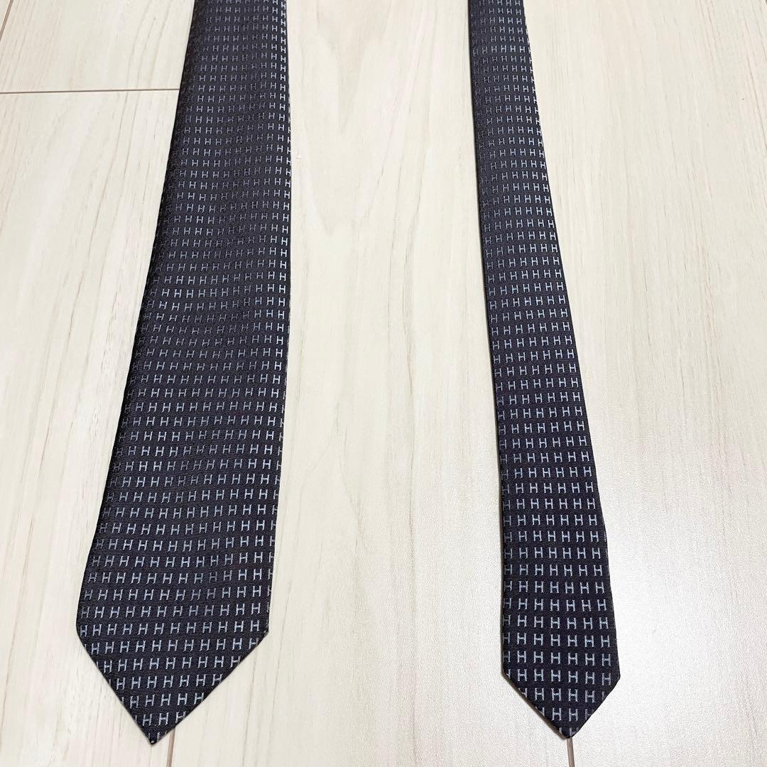 HERMES　エルメス　ネクタイ　ファソネ　総H柄 H織　ブルー　グレー　シルク