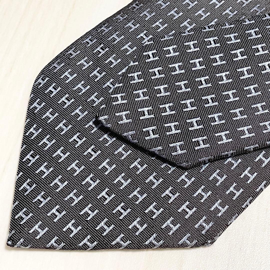 HERMES　エルメス　ネクタイ　ファソネ　総H柄 H織　ブルー　グレー　シルク