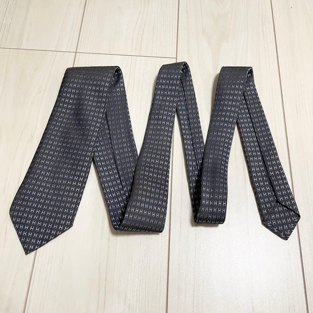 HERMES　エルメス　ネクタイ　ファソネ　総H柄 H織　ブルー　グレー　シルク