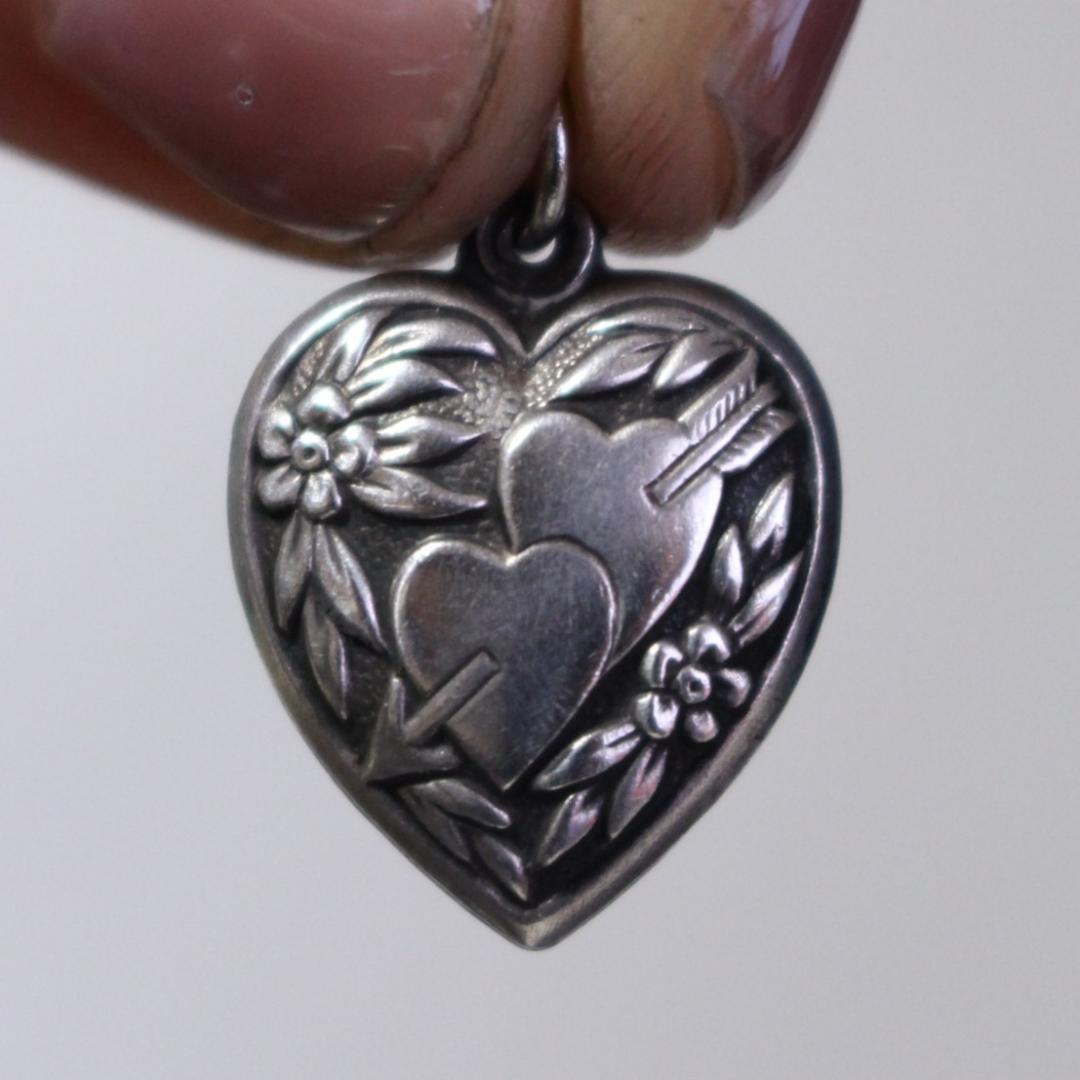 40s　スウィートハートジュエリー　WW2　シルバー　勿忘草　両面　両想い　矢