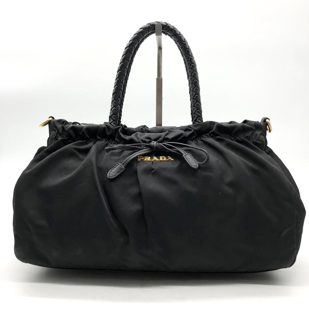 ✨ギャランティ付✨プラダ ハンドバッグ 2way ロゴ金具 リボン ナイロン 黒
