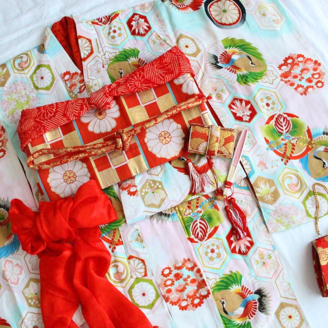 七五三 7歳 女の子 子供 アンティーク 鶴 着物 帯 セット