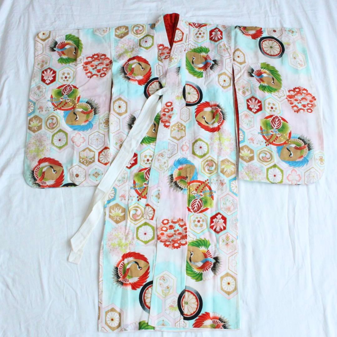 七五三 7歳 女の子 子供 アンティーク 鶴 着物 帯 セット