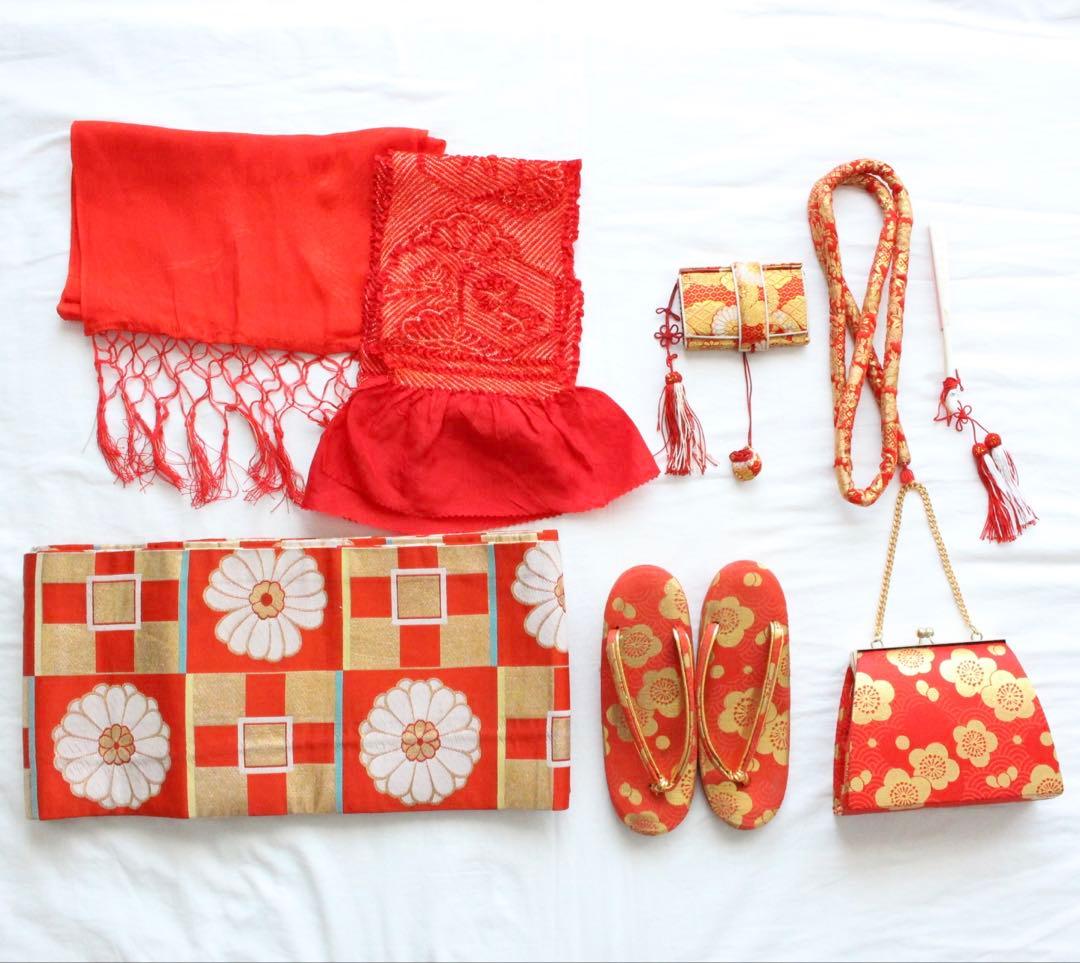 七五三 7歳 女の子 子供 アンティーク 鶴 着物 帯 セット