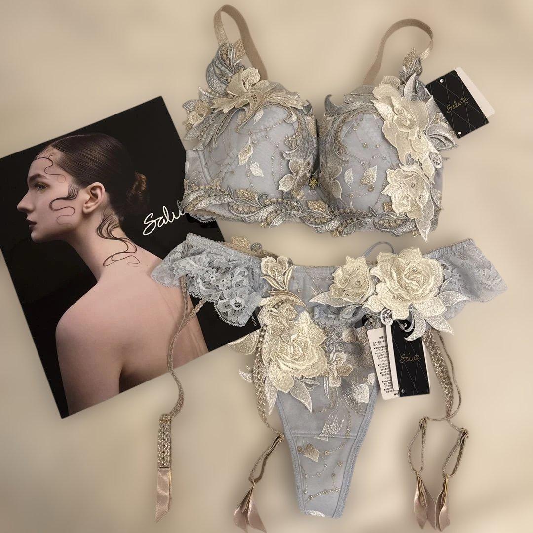 刺繍 ブラジャーショーツガーターベルト3点セットGYサルート 受注生産 24g