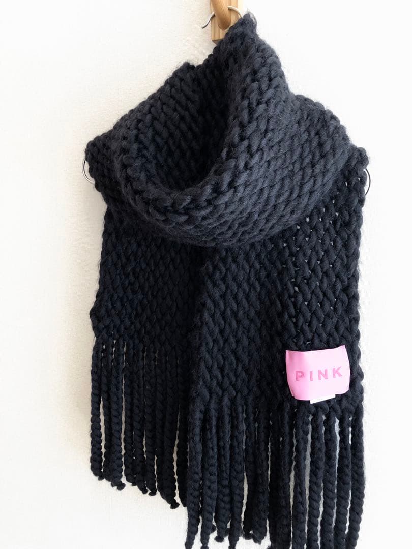 ヨウジヤマモト PINK黒 ローゲージニットマフラー フリンジ　ユニセックス