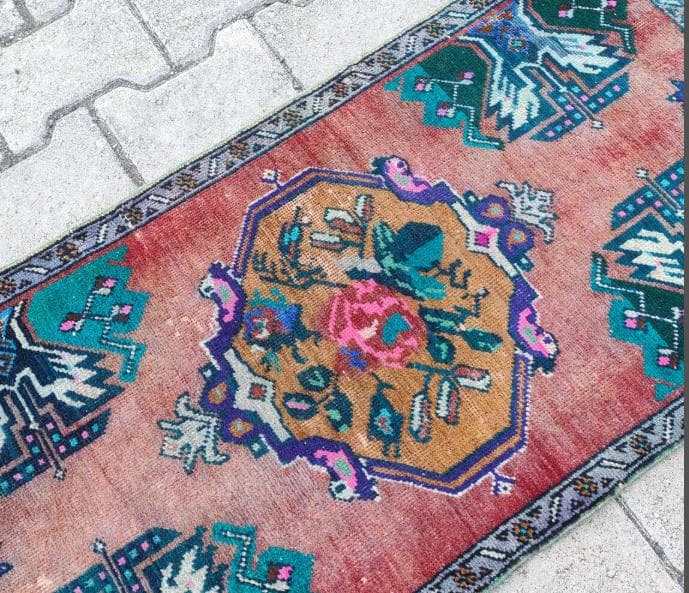 トルコ ヴィンテージラグ A72 人気柄 レア ピンク グリーン パープル