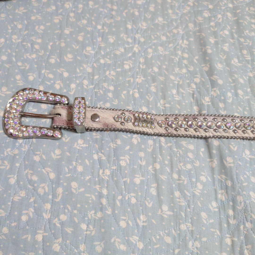 b.bsimonスワロフスキークリスタル装飾 ベルト美品オフホワイトはらこレザー