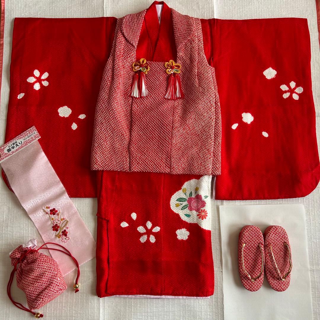 七五三 3歳 フルセット 総絞り 着物 正絹 被布 刺繍 三歳 草履 753