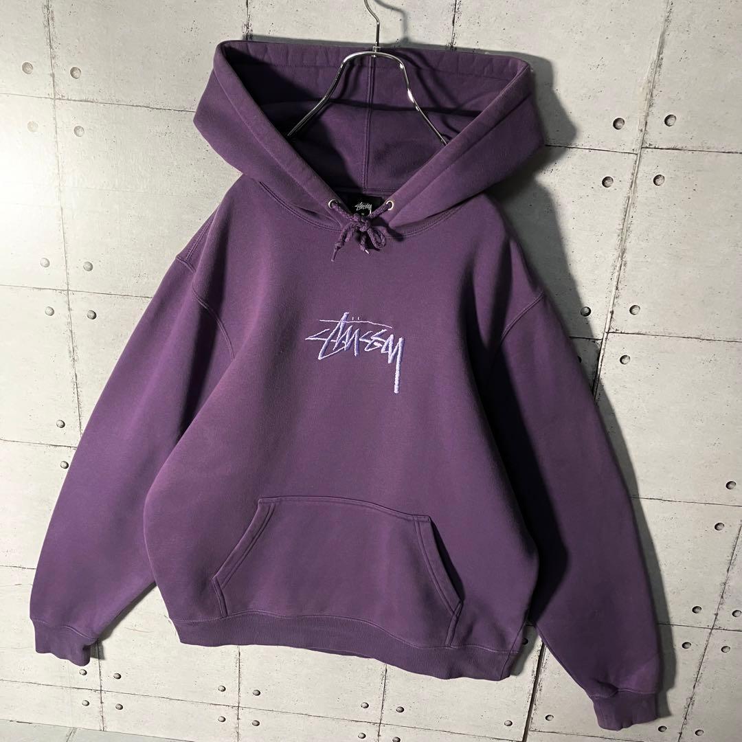 【鬼レア】ステューシー☆刺繍センターロゴスウェットパーカーM人気パープル