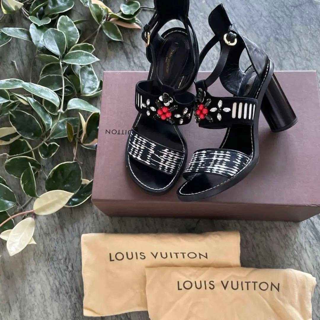 LOUIS VUITTON ヒール サンダル 39 LV ビジュー 保存袋 箱