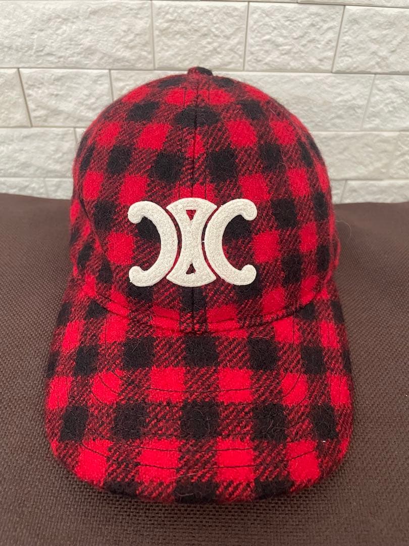 CELINE セリーヌ ⭐️チェック柄 ベースボールキャップ レッド×ブラック