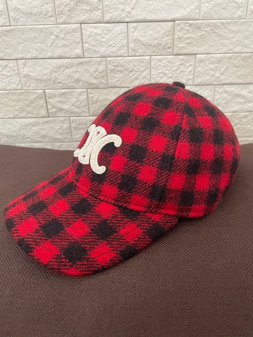 CELINE セリーヌ ⭐️チェック柄 ベースボールキャップ レッド×ブラック