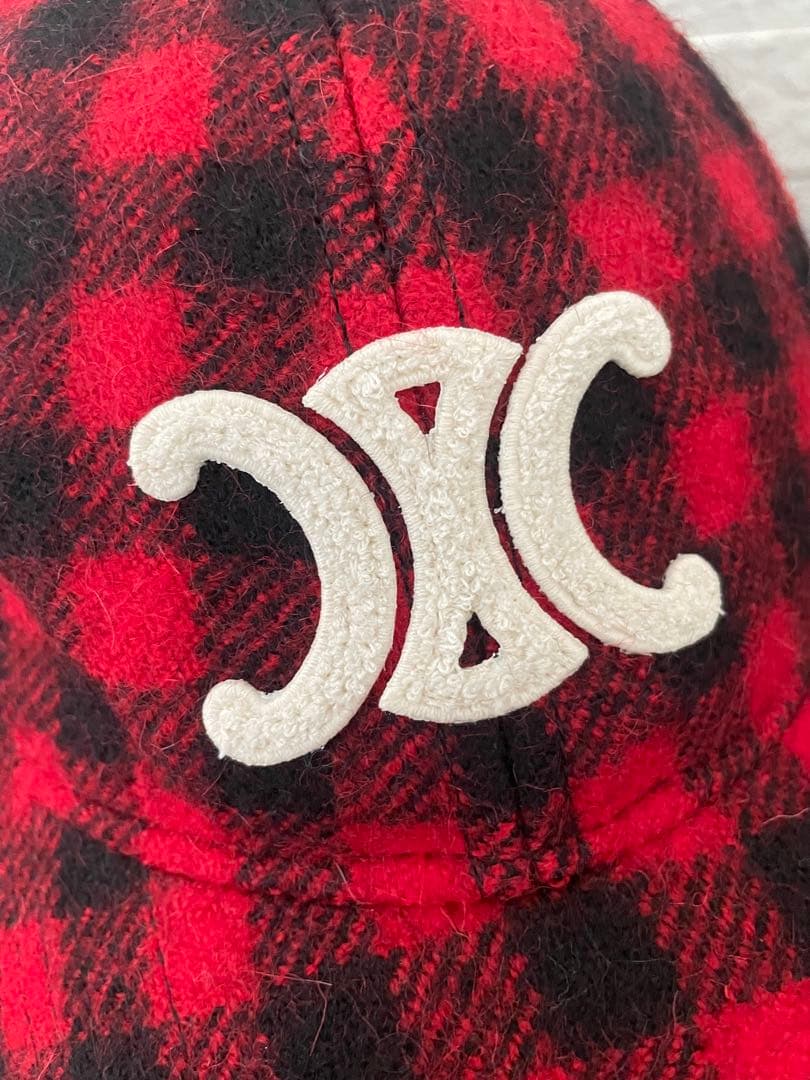 CELINE セリーヌ ⭐️チェック柄 ベースボールキャップ レッド×ブラック