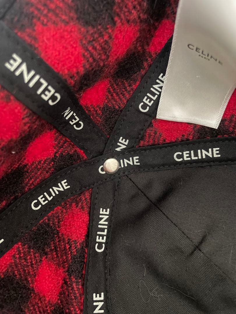 CELINE セリーヌ ⭐️チェック柄 ベースボールキャップ レッド×ブラック