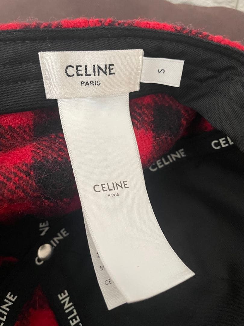 CELINE セリーヌ ⭐️チェック柄 ベースボールキャップ レッド×ブラック