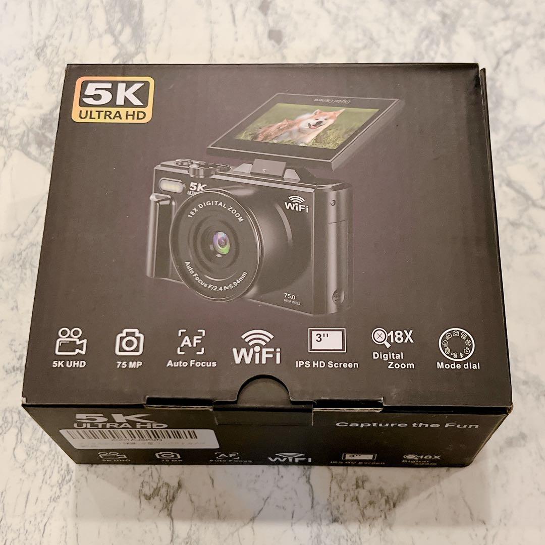 5Kデジカメ 7500万画素 Wi-Fi 軽量 自撮り Vlog対応 軽量