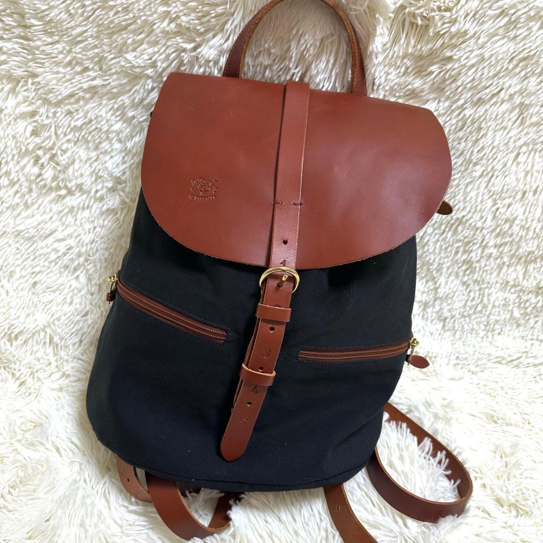 美品　定価91,300イルビゾンテバックパック ブラック×あか茶　キャンバス&革
