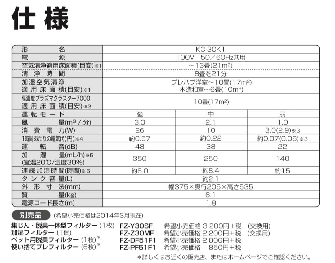 SHARP 空気清浄機 プラズマクラスター ホワイト　KC-30K1-W