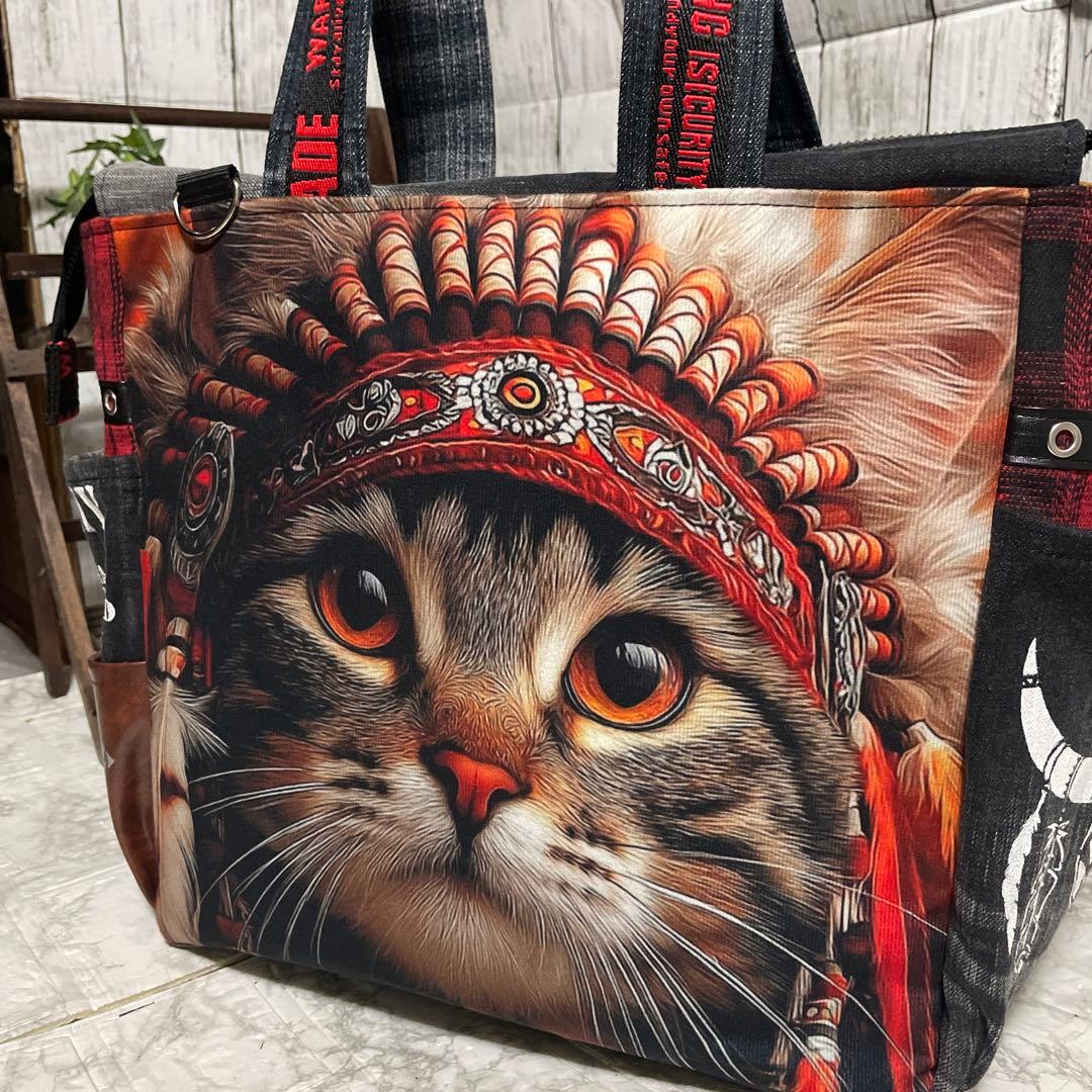 No.538 デニムリメイクバッグ　肩掛けトートバッグ　キャットインディアン