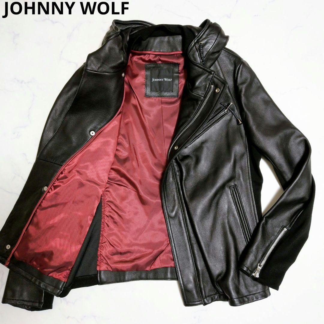 【美品】ジョニーウルフ レザージャケット パーカー ライダース 羊革 黒 L
