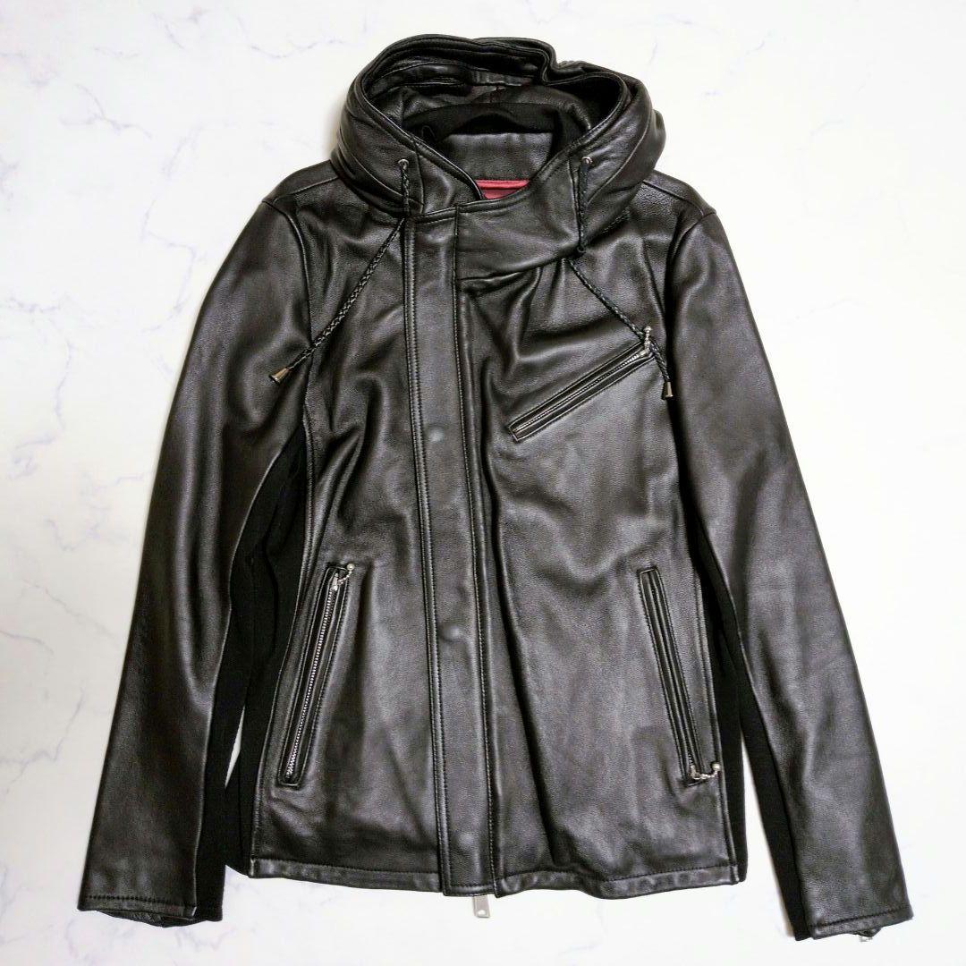 【美品】ジョニーウルフ レザージャケット パーカー ライダース 羊革 黒 L
