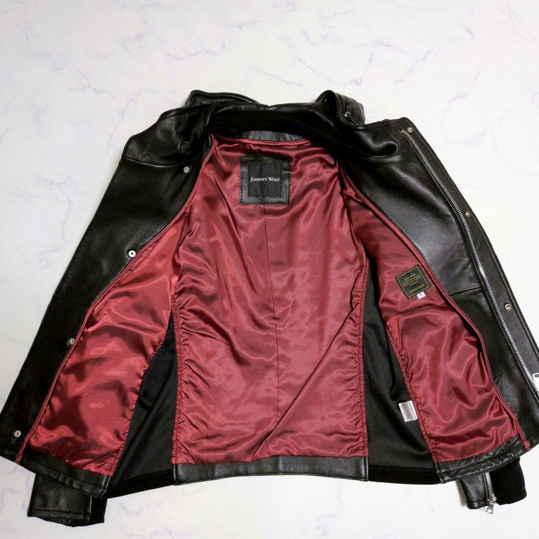 【美品】ジョニーウルフ レザージャケット パーカー ライダース 羊革 黒 L