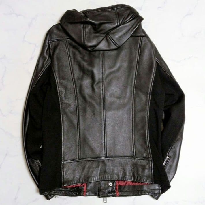 【美品】ジョニーウルフ レザージャケット パーカー ライダース 羊革 黒 L