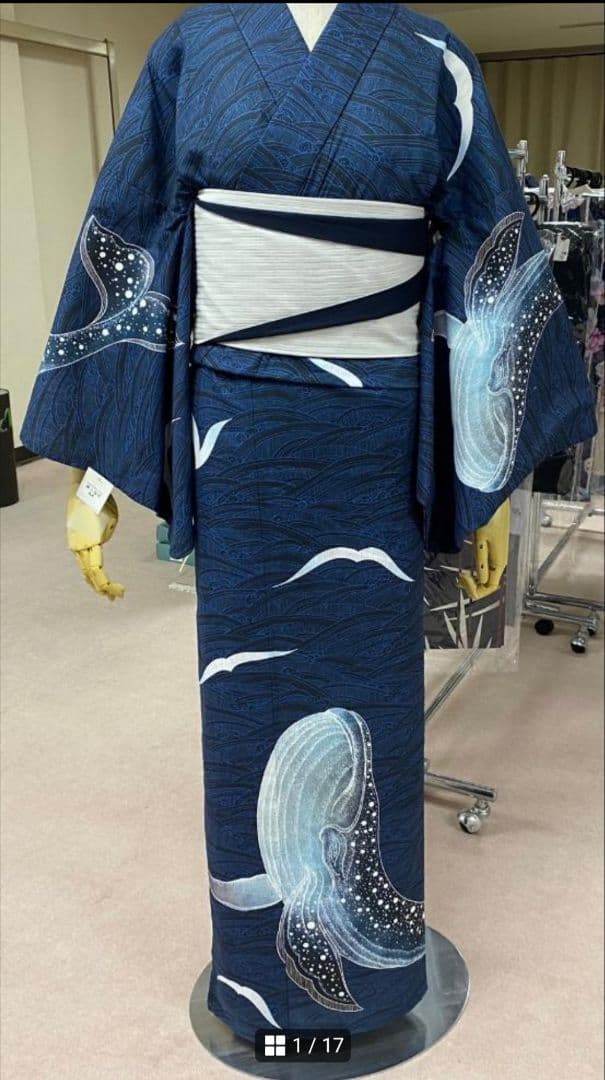 ★レア柄★めずらしい絵羽柄浴衣.紺地波柄★夏きもの大人の浴衣