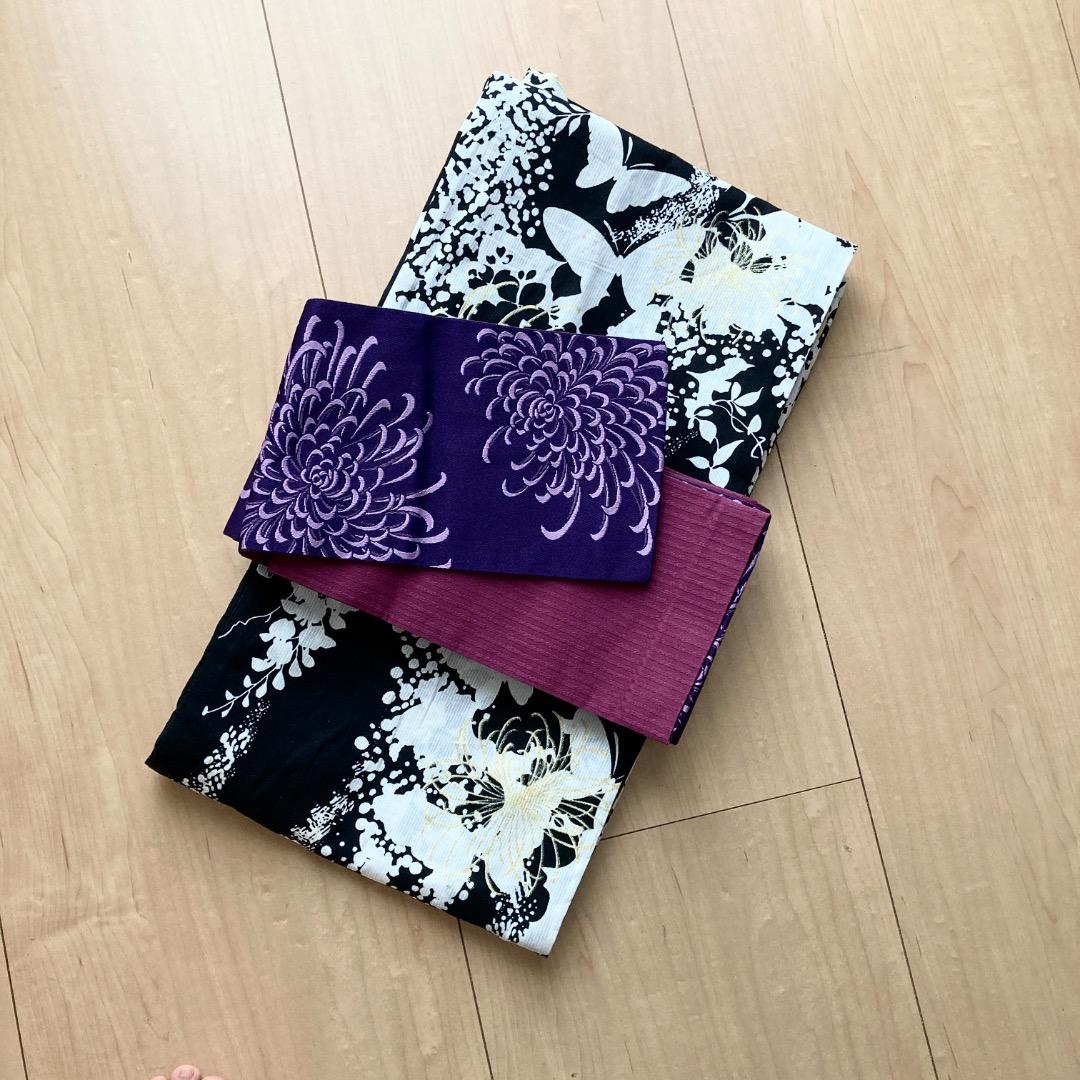 ☆美品☆ レディース浴衣 帯 白地 黒模様 金刺繡　2点セット