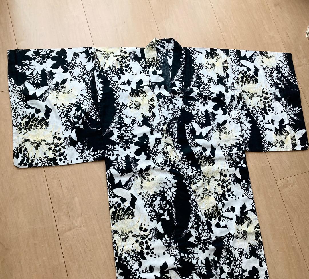☆美品☆ レディース浴衣 帯 白地 黒模様 金刺繡　2点セット