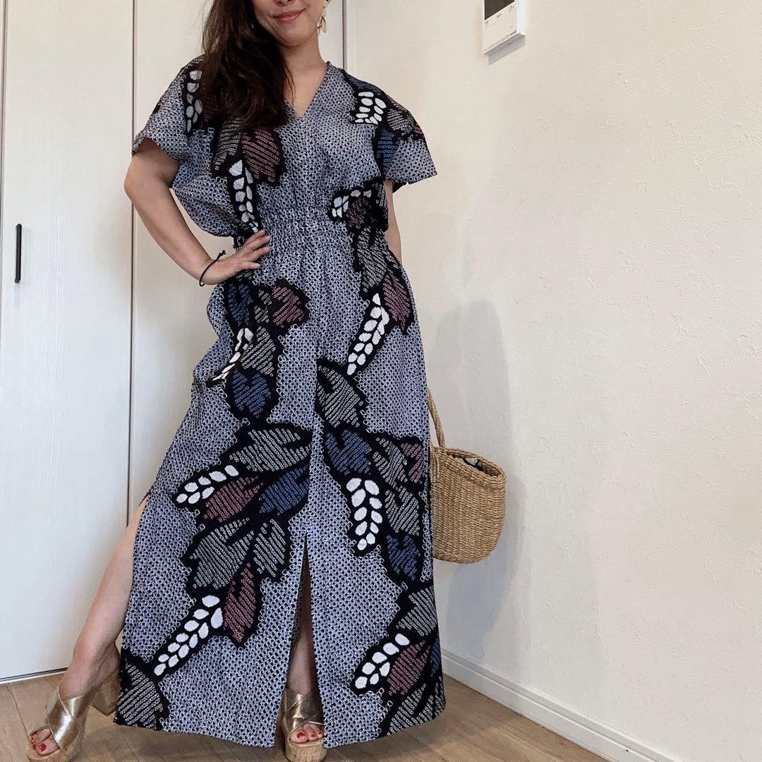 浴衣　リメイク　有松絞り　ワンピース ハンドメイド　ロング　シンプル　紺　青