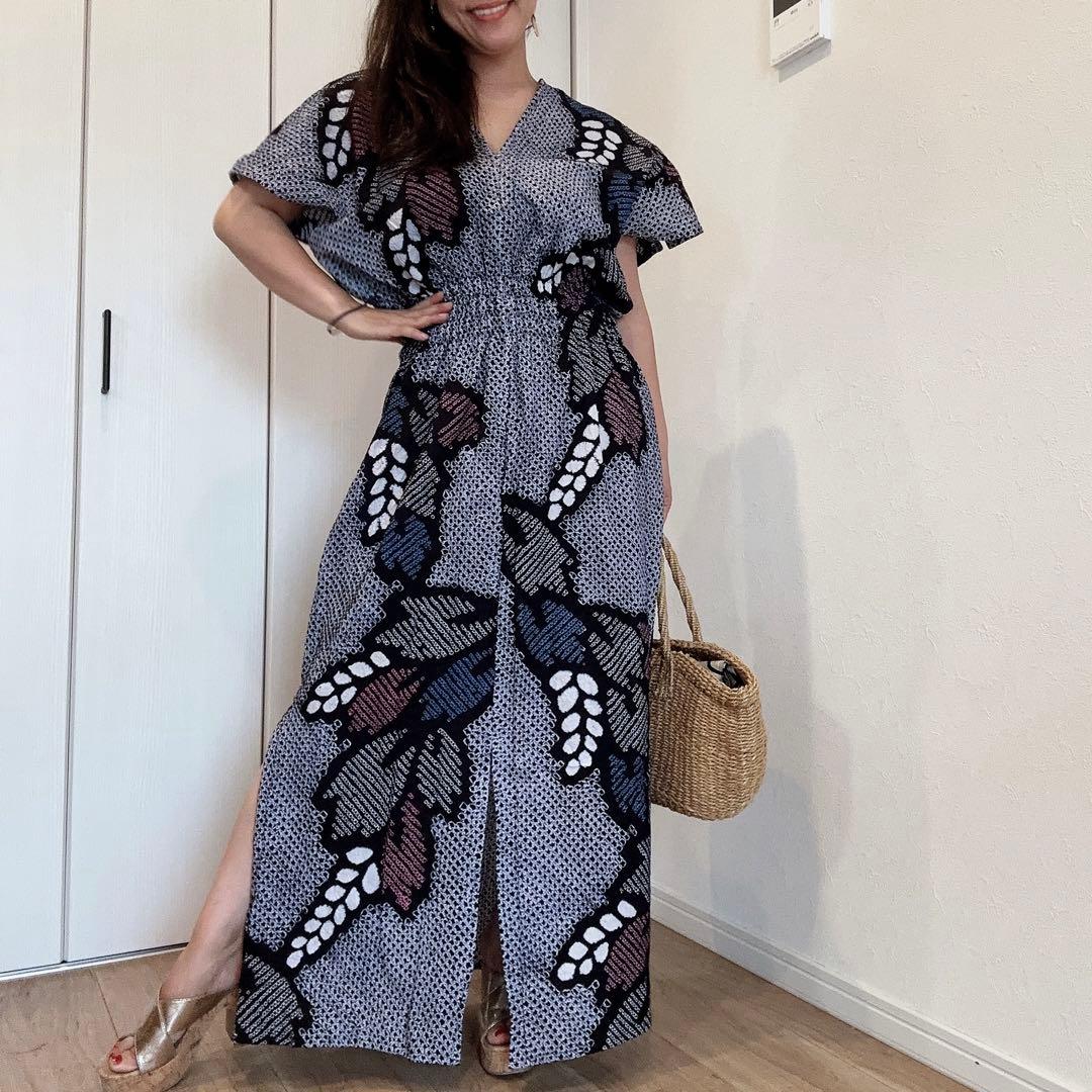 浴衣　リメイク　有松絞り　ワンピース ハンドメイド　ロング　シンプル　紺　青