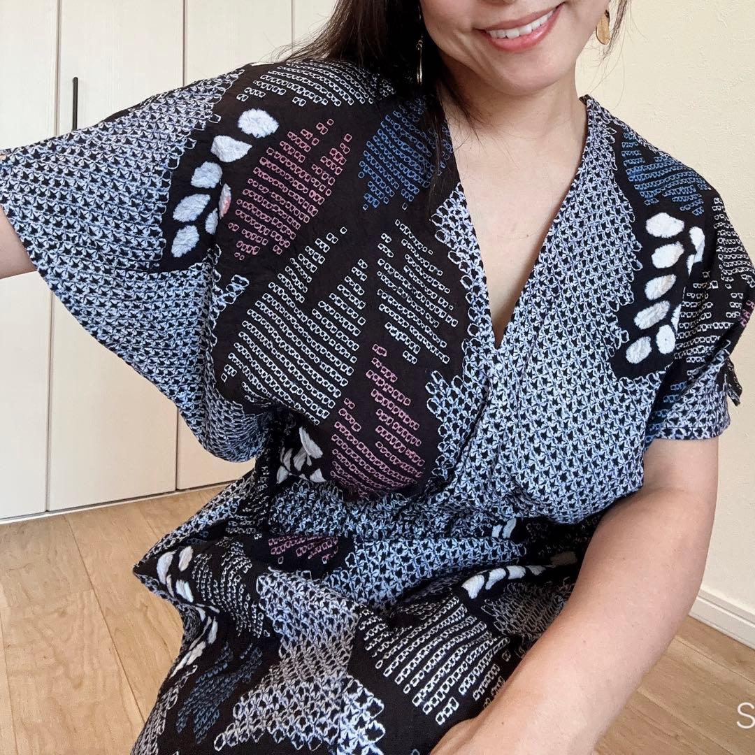 浴衣　リメイク　有松絞り　ワンピース ハンドメイド　ロング　シンプル　紺　青