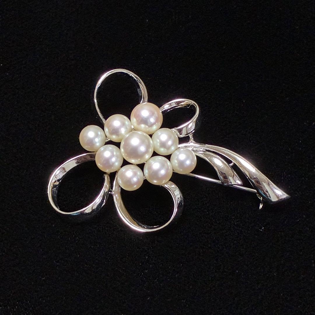 【ミキモト】MIKIMOTO ブローチ シルバー　パール　リボン　コサージュ