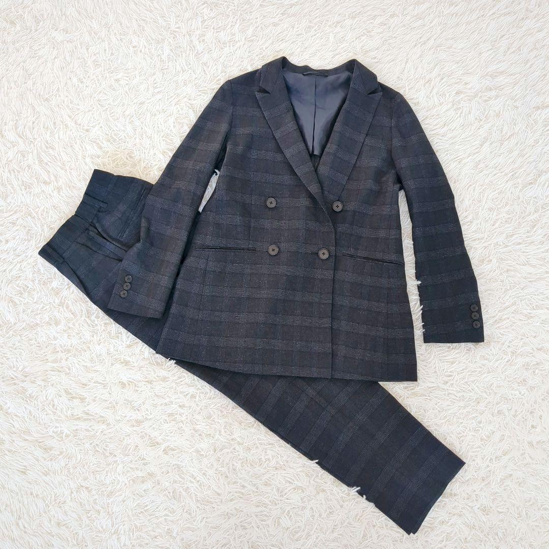 未使用級✨️スーツセレクト　ダブル パンツスーツ ネイビー　チェック 洗える　M