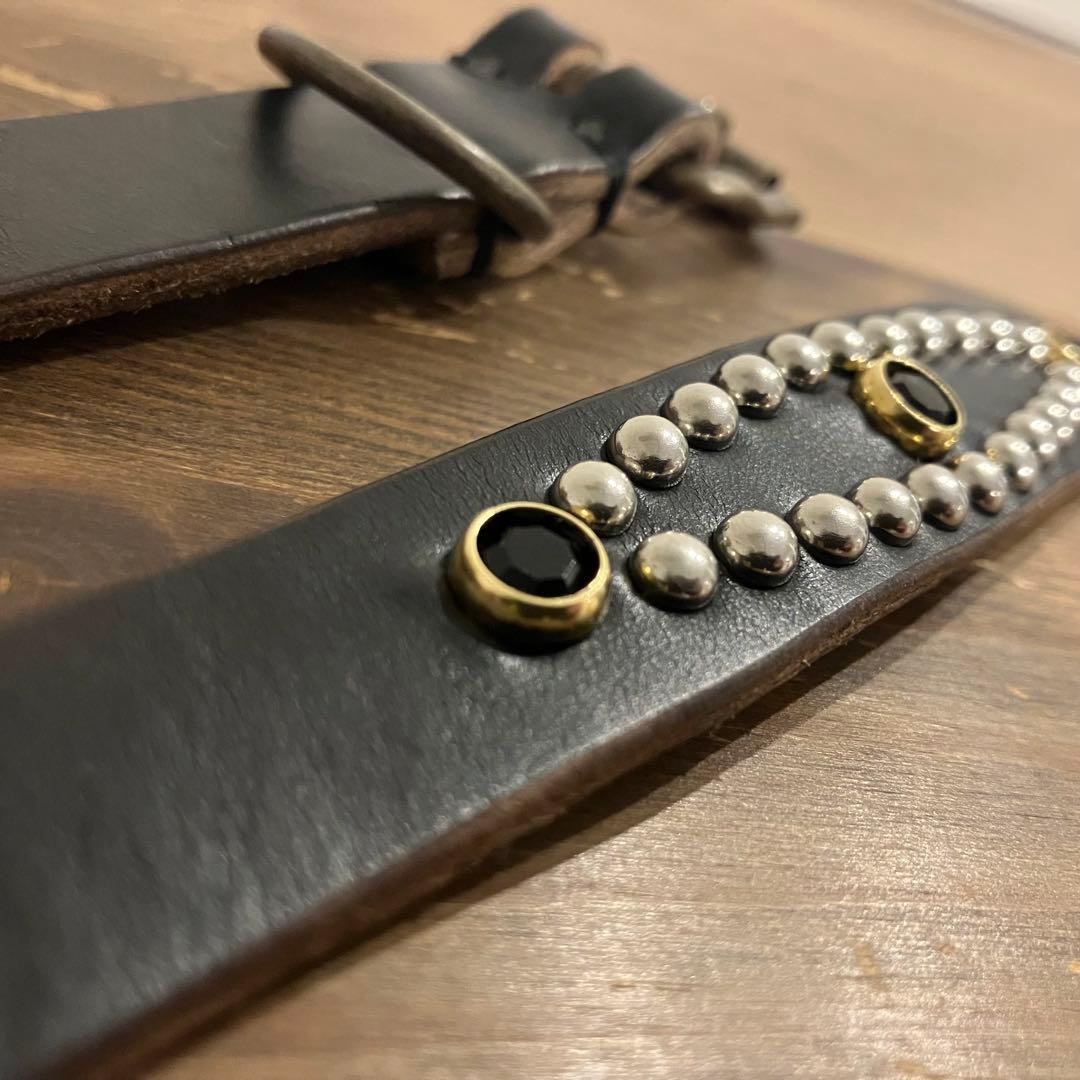 【ハンドメイド】クロムエクセルレザー ナローベルト　スタッズ　ブラック