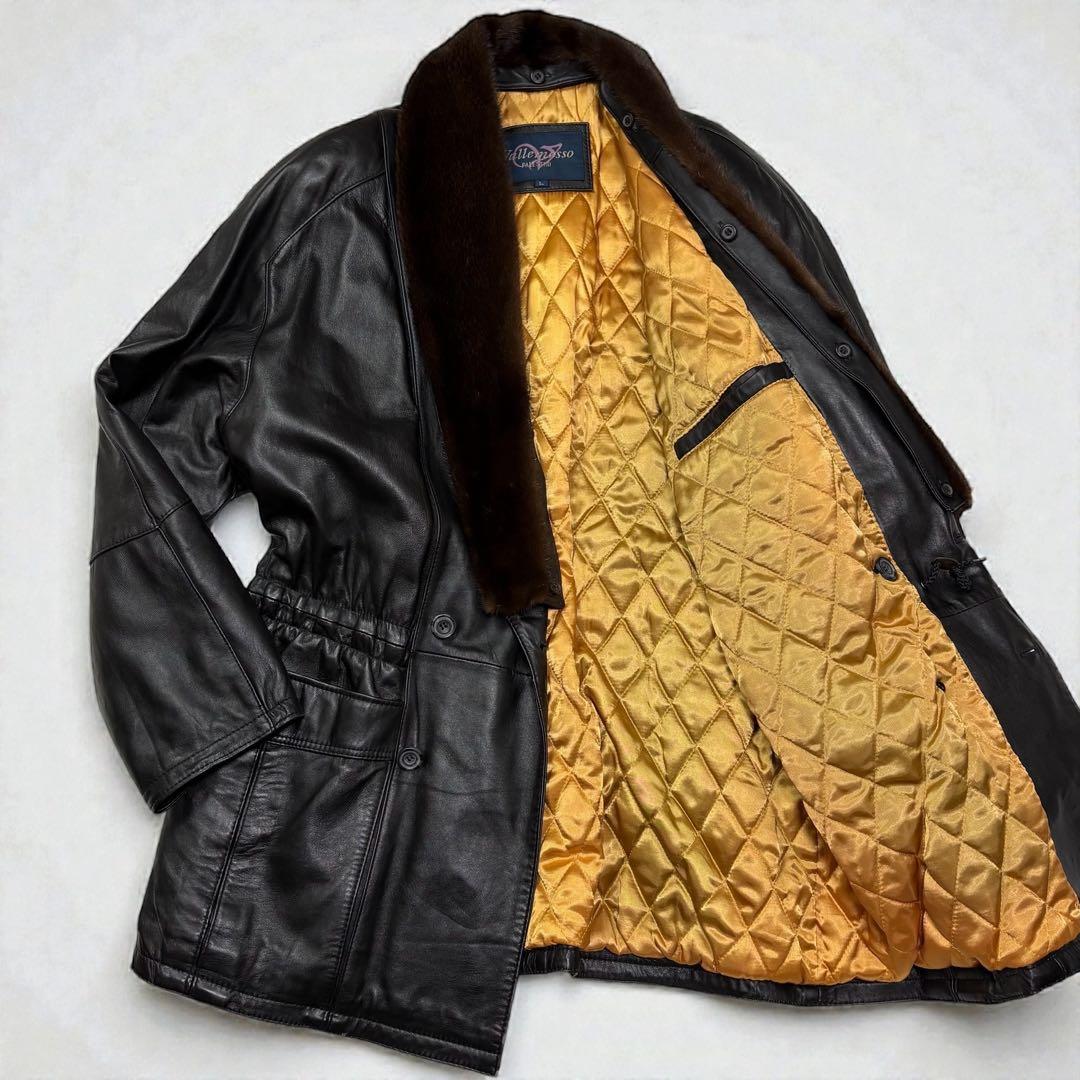 90s　レザーコート　ダブル　襟ファー　キルティング　L　羊革　黒　ヴィンテージ