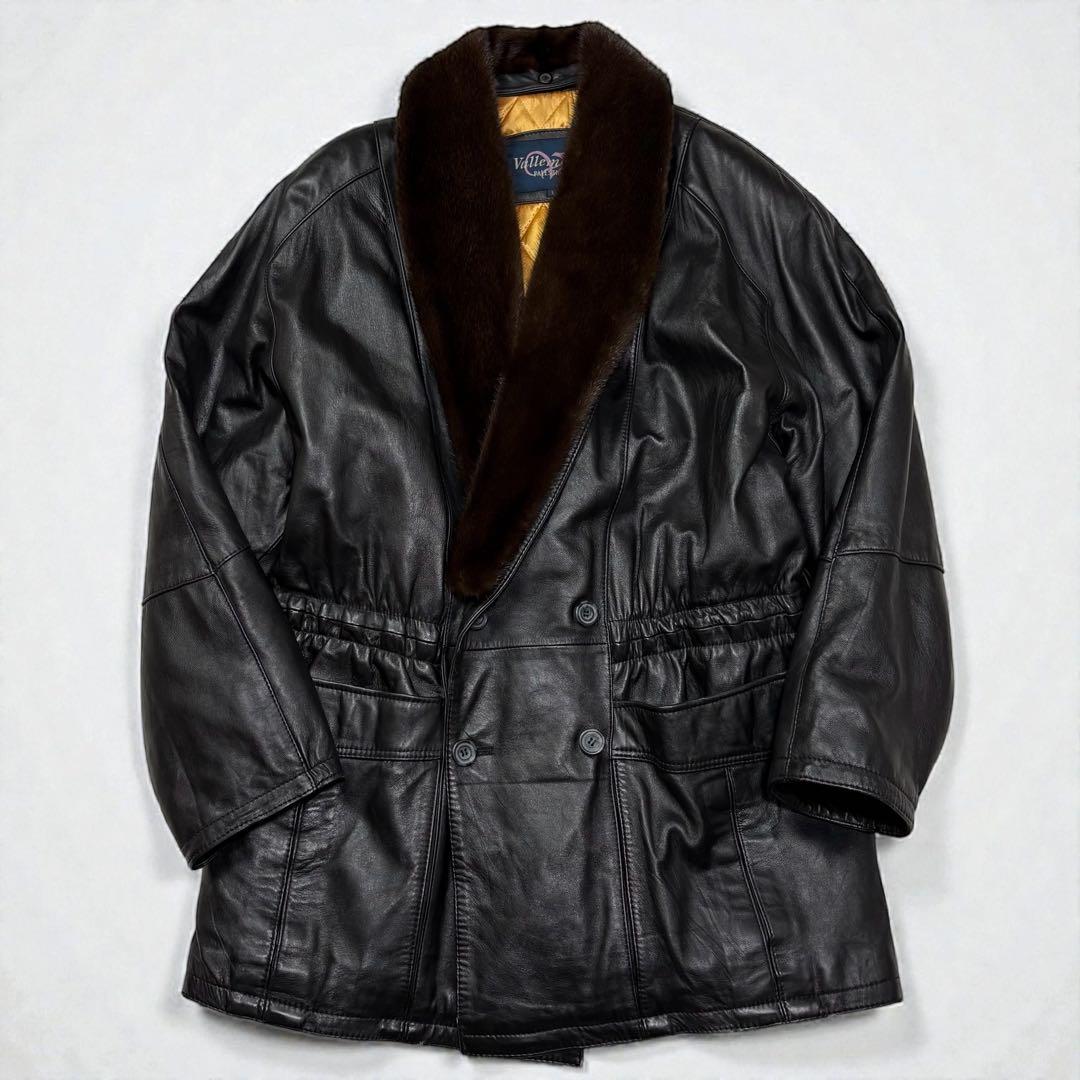 90s　レザーコート　ダブル　襟ファー　キルティング　L　羊革　黒　ヴィンテージ
